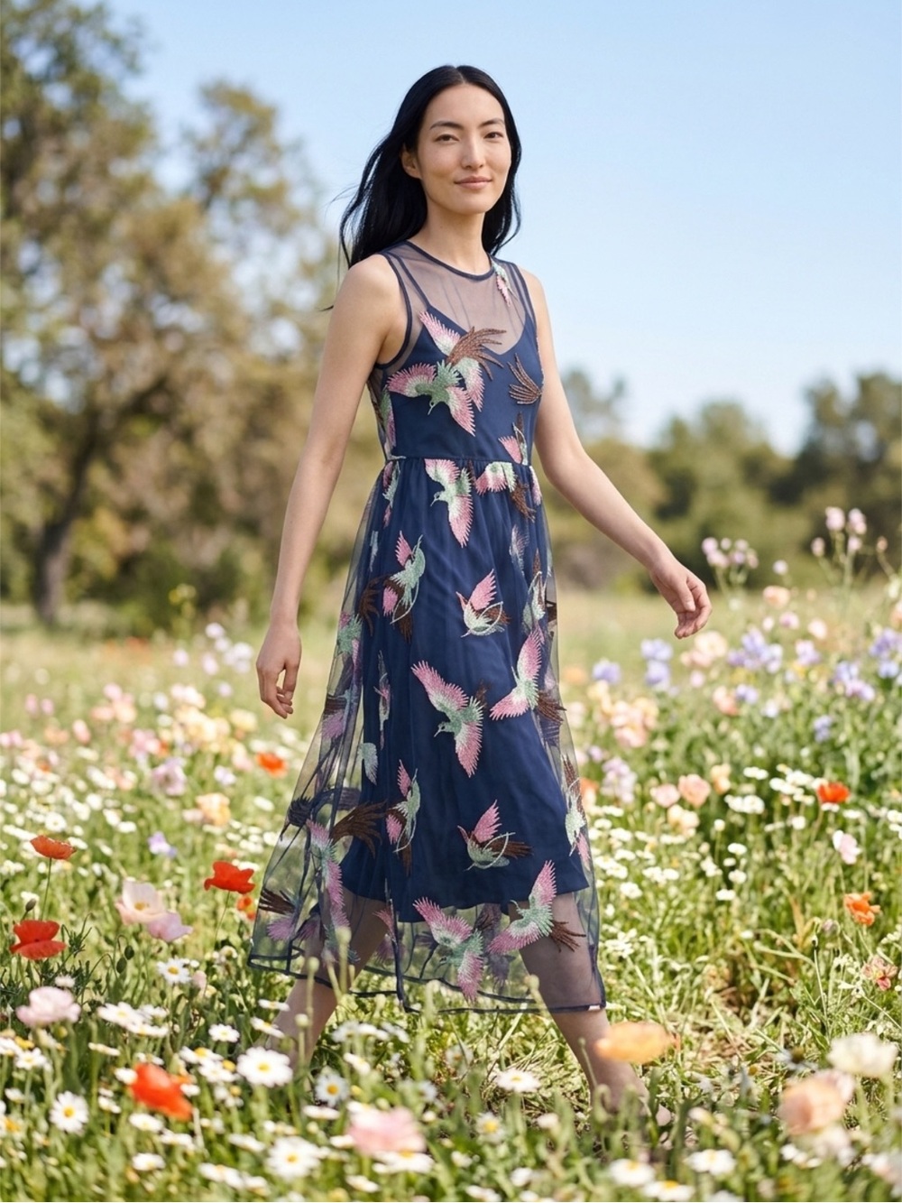 NWOT Sheer Embroidered Mesh Midi Dress | Navy Bird Embroidery | Small